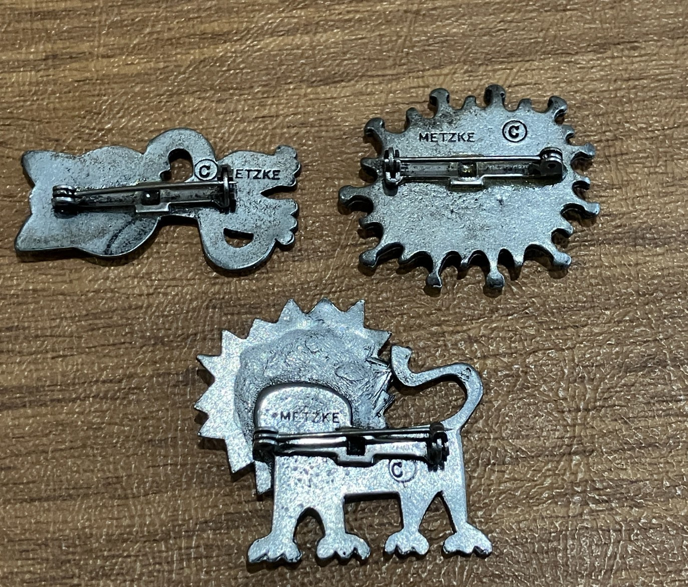Lot of 3 Vintage 1970s Metzke Pewter Pins/Brooches: Cat/Lion/Smiling Sun Face