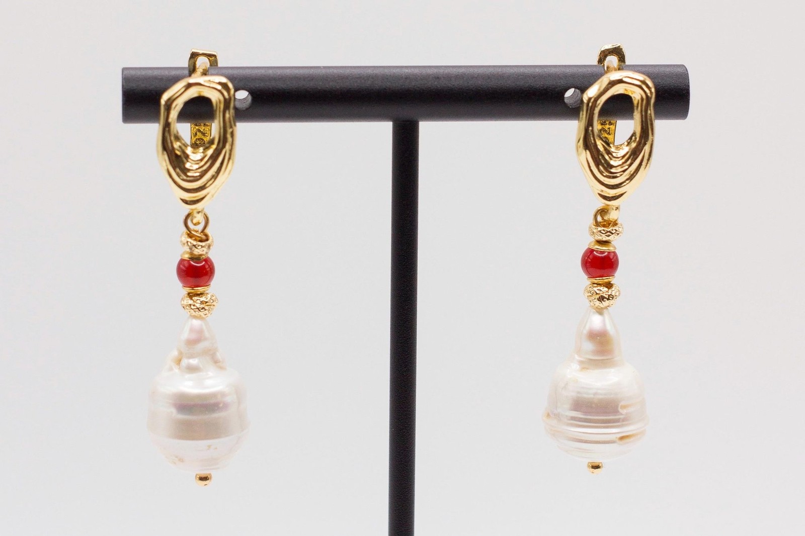 White Baroque Pearl Earrings With Carnelian Accent, Melting Lever back