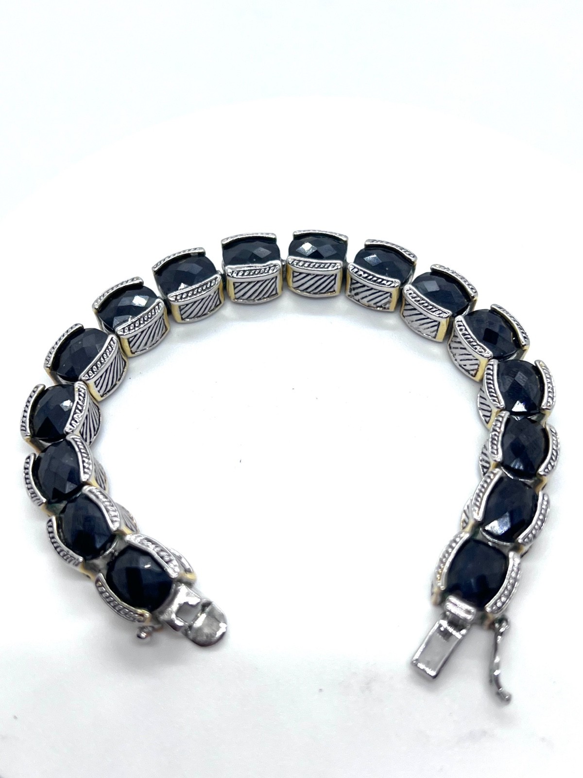 Vintage 90s Silver Tone Black Glass Square Link Bracelet Boho Fashion Jewelry