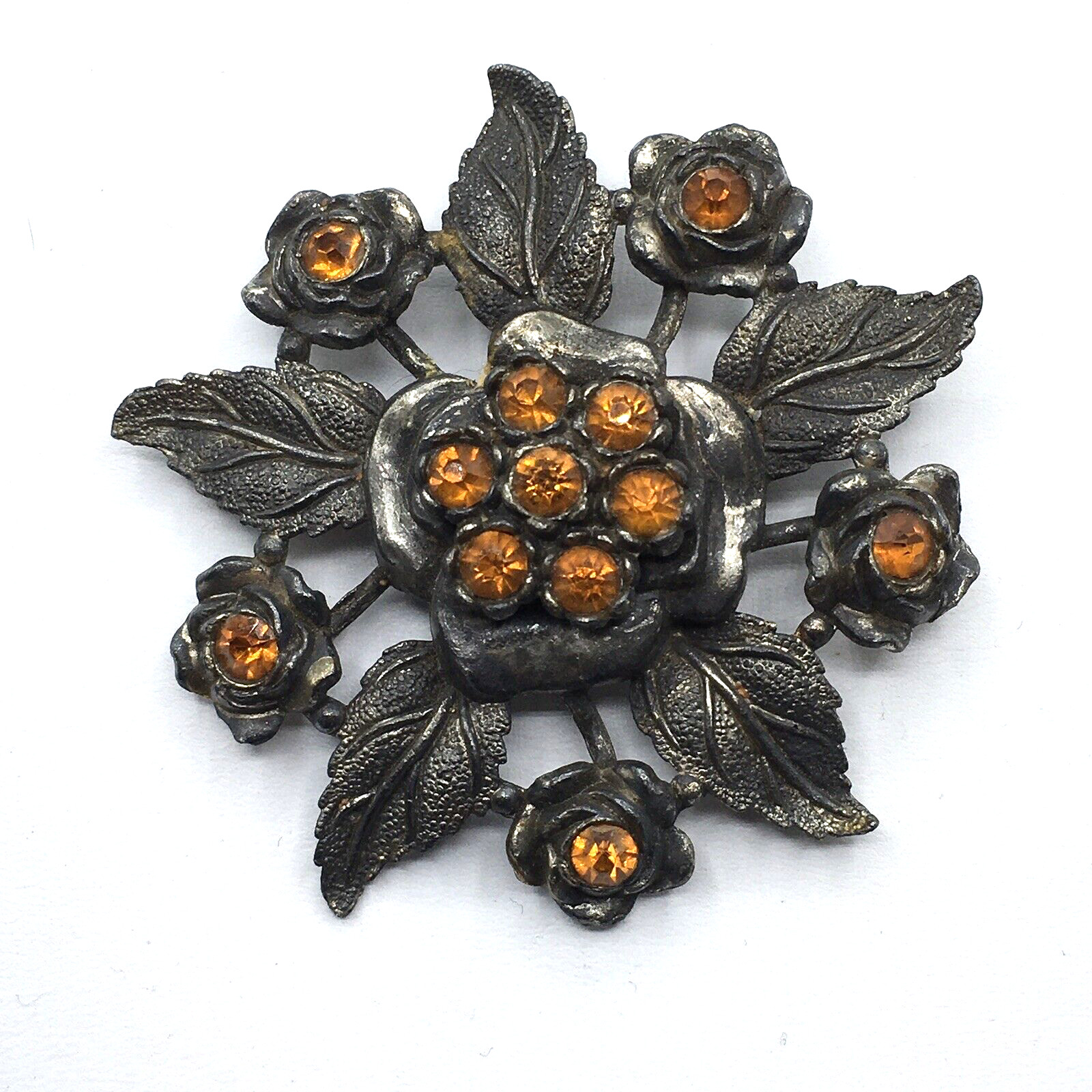 Antique LN Little Nemo Large Floral Flower Orange Rhinestone Brooch Pin