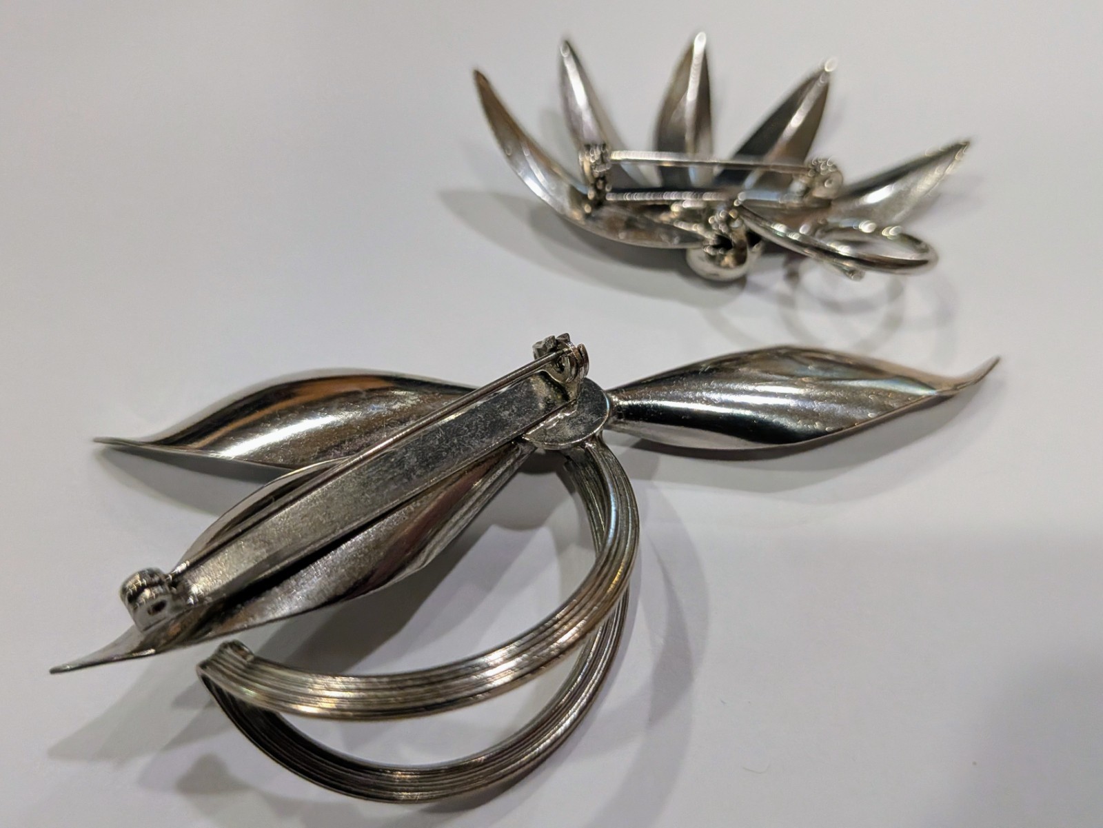 Vintage Silver-Tone Leaf & Feather Brooch Lot, Set of 2, Unsigned