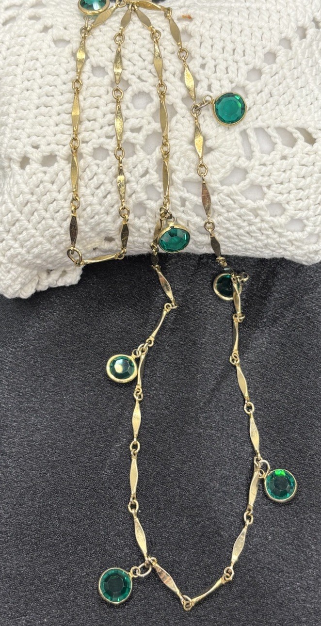 Vintage Bezel Set Green Crystal Station Necklace Bar Link Chain 23”