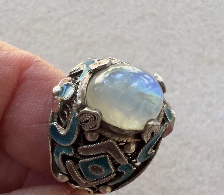 Vintage Chinese Export Sterling Silver Enamel Moonstone Ring Size 8 Marked S925