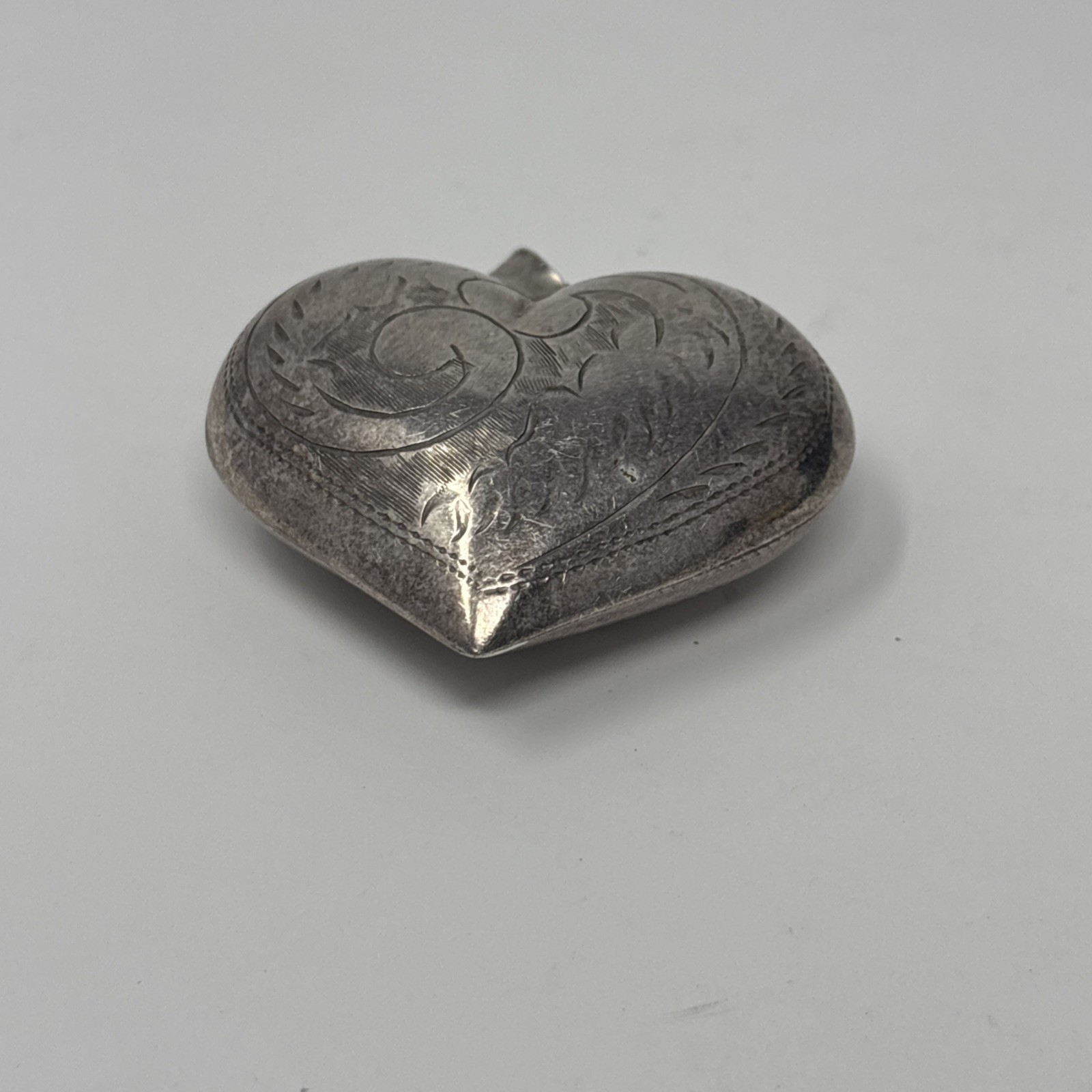 Vintage Sterling Silver Puffy Heart Pendant Etched Floral 13.4g Large