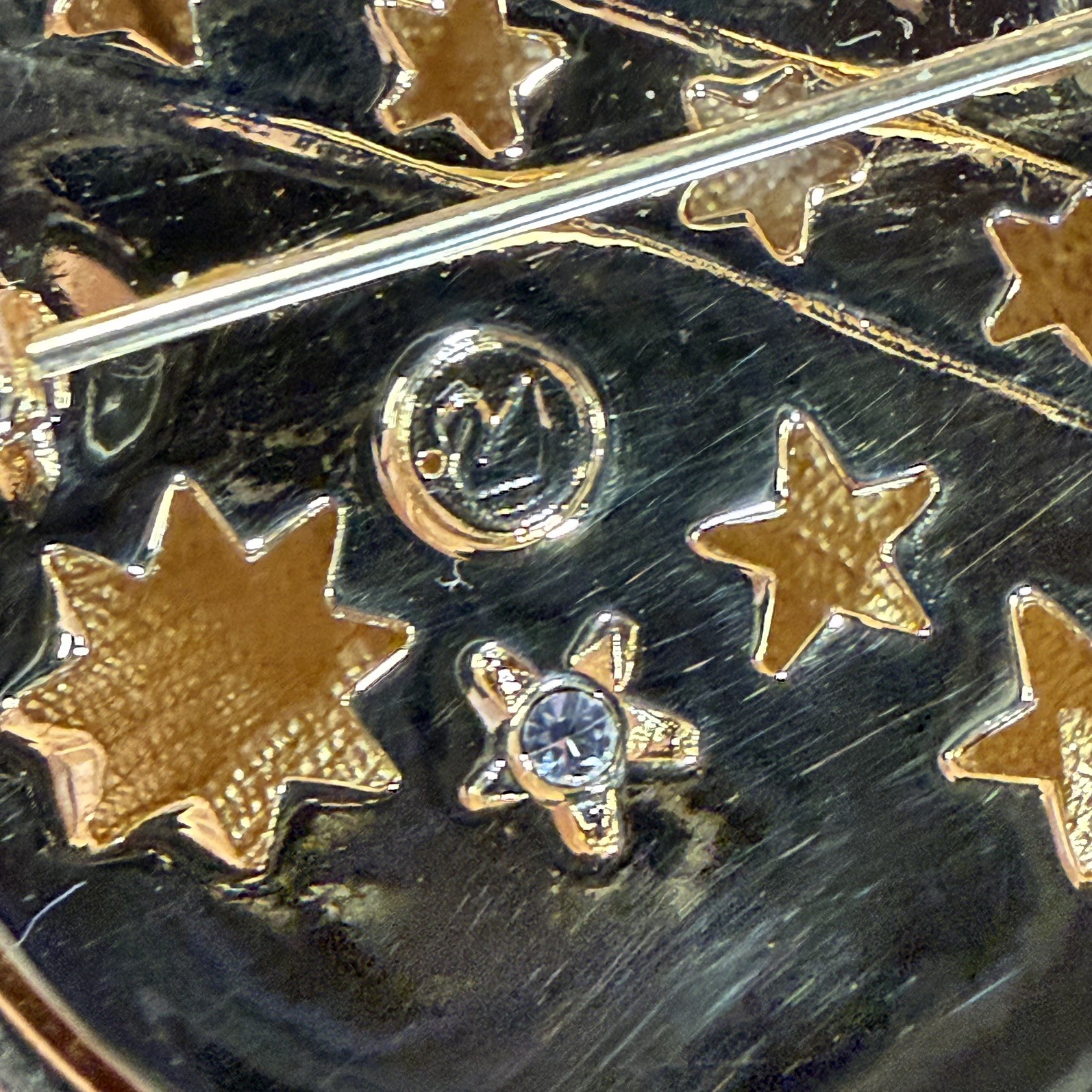 Swarovski Celestial Moon & Stars Blue Enamel, Signed Crystal Dome Brooch Pin.