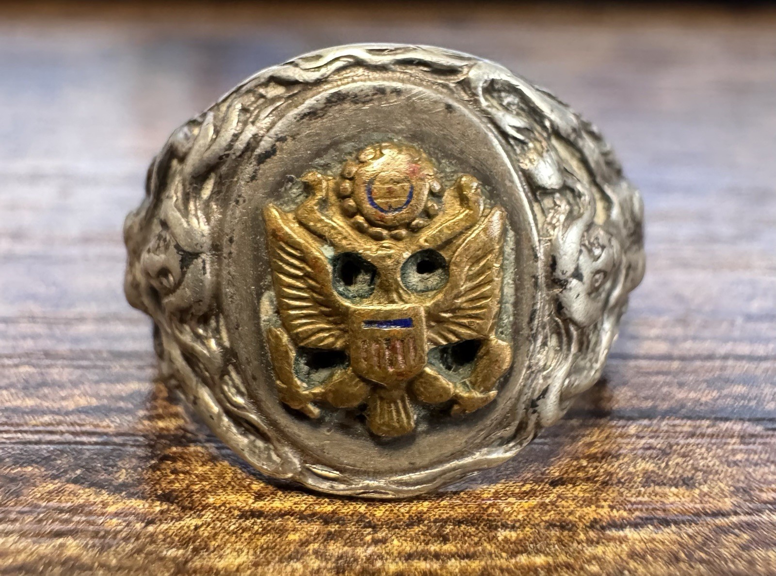 Vintage US Army Eagle & Art Nouveau Style Nude Woman Sterling Silver Signet Ring