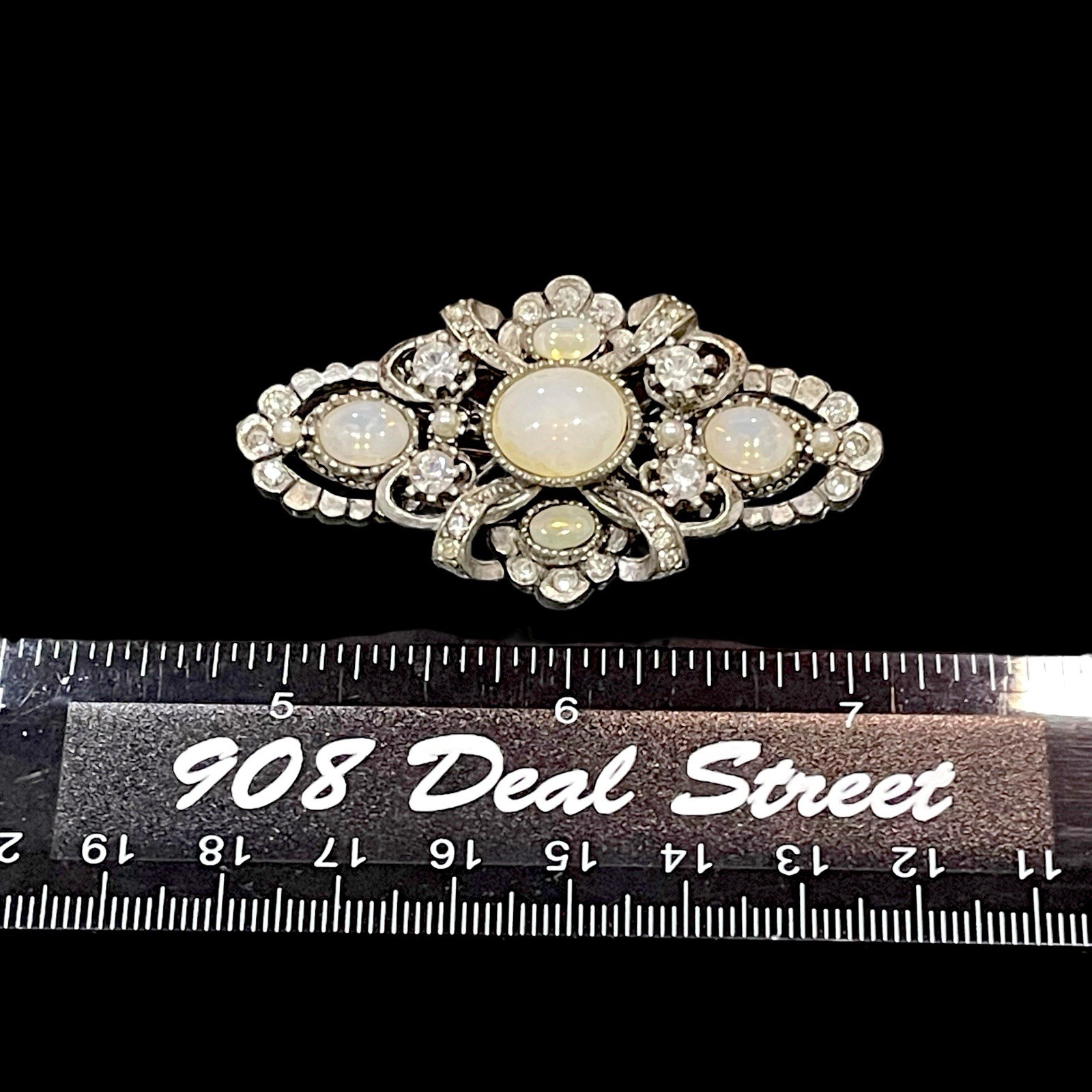 Vtg Opaline Glass Brooch Cabochon Stone Collar Pin Regal Style Antique Moonglow