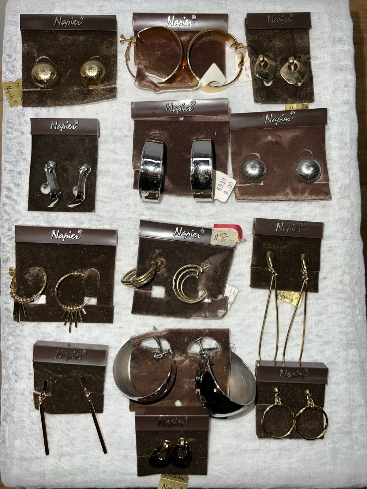VTG NOS Napier 13 Pr Clip On Earrings Lot Gold Silver Tone Modernist 1978-85
