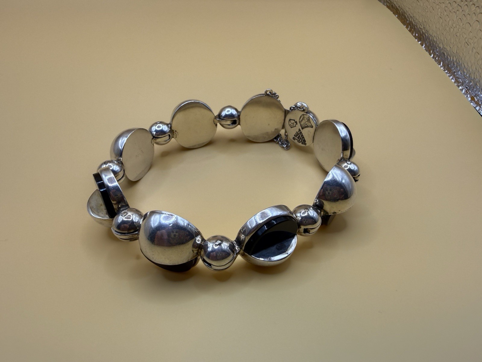 Antonio Pineda 970 Silver Black Onyx Modernist Bracelet Taxco – Eagle 21 – 74.8g