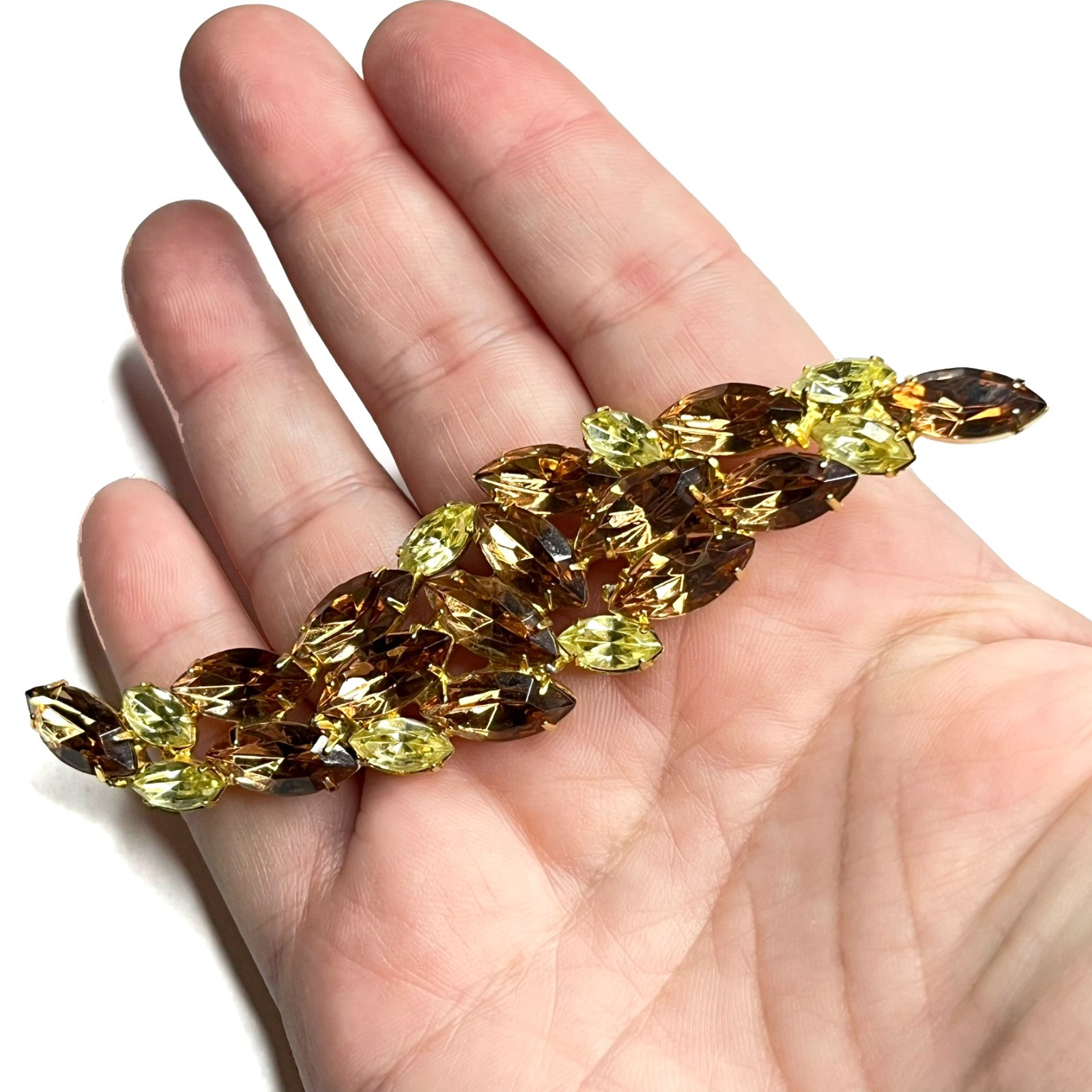 Large VTG Juliana? Leaf Flame Swoosh Brown Yellow Navette Rhinestone Pin Brooch