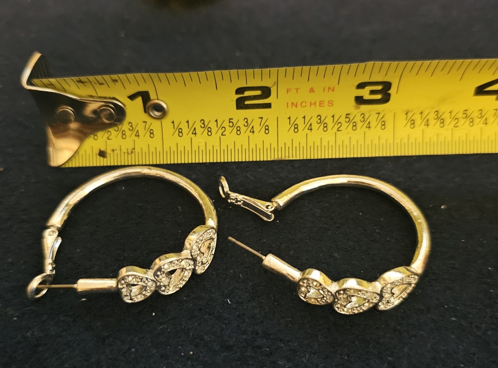 Silvertone Triple Heart Hoop Rhinestone Earrings Pierced Signed N A