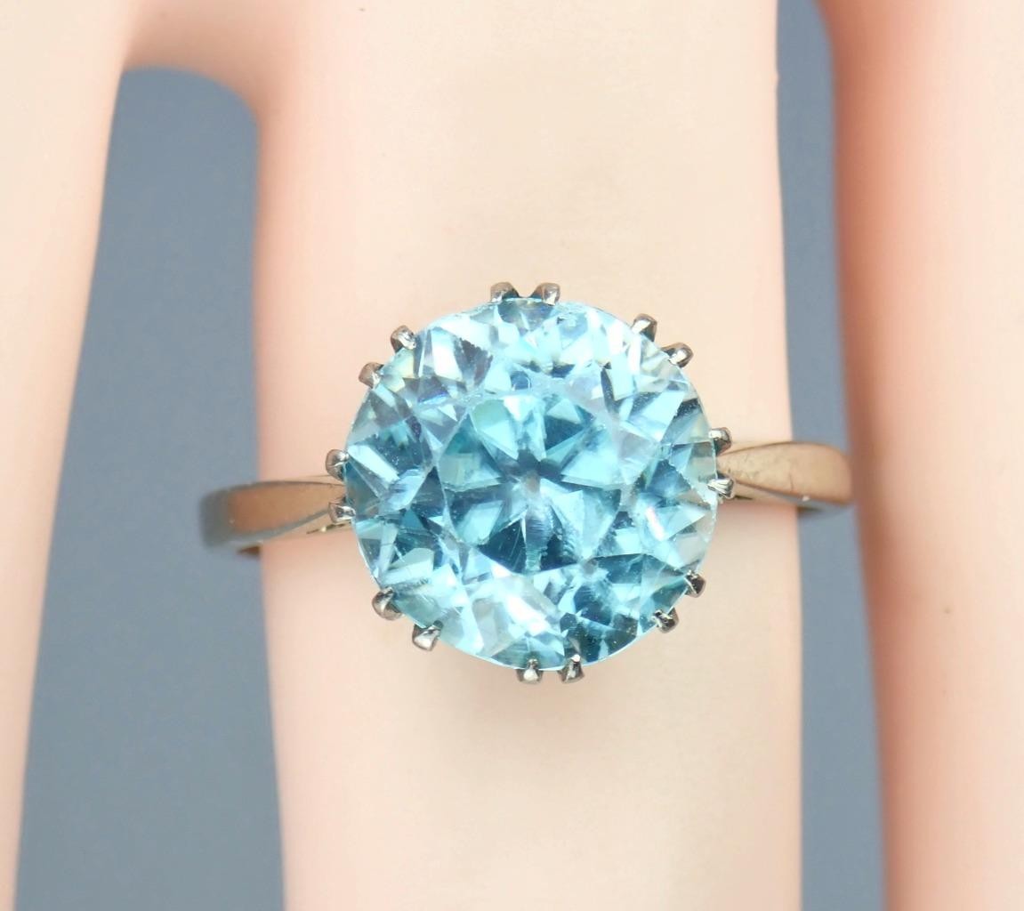Antique Art Deco 18K Gold 5.4ct Old Cut Blue Zircon Solitaire Engagement Ring 6