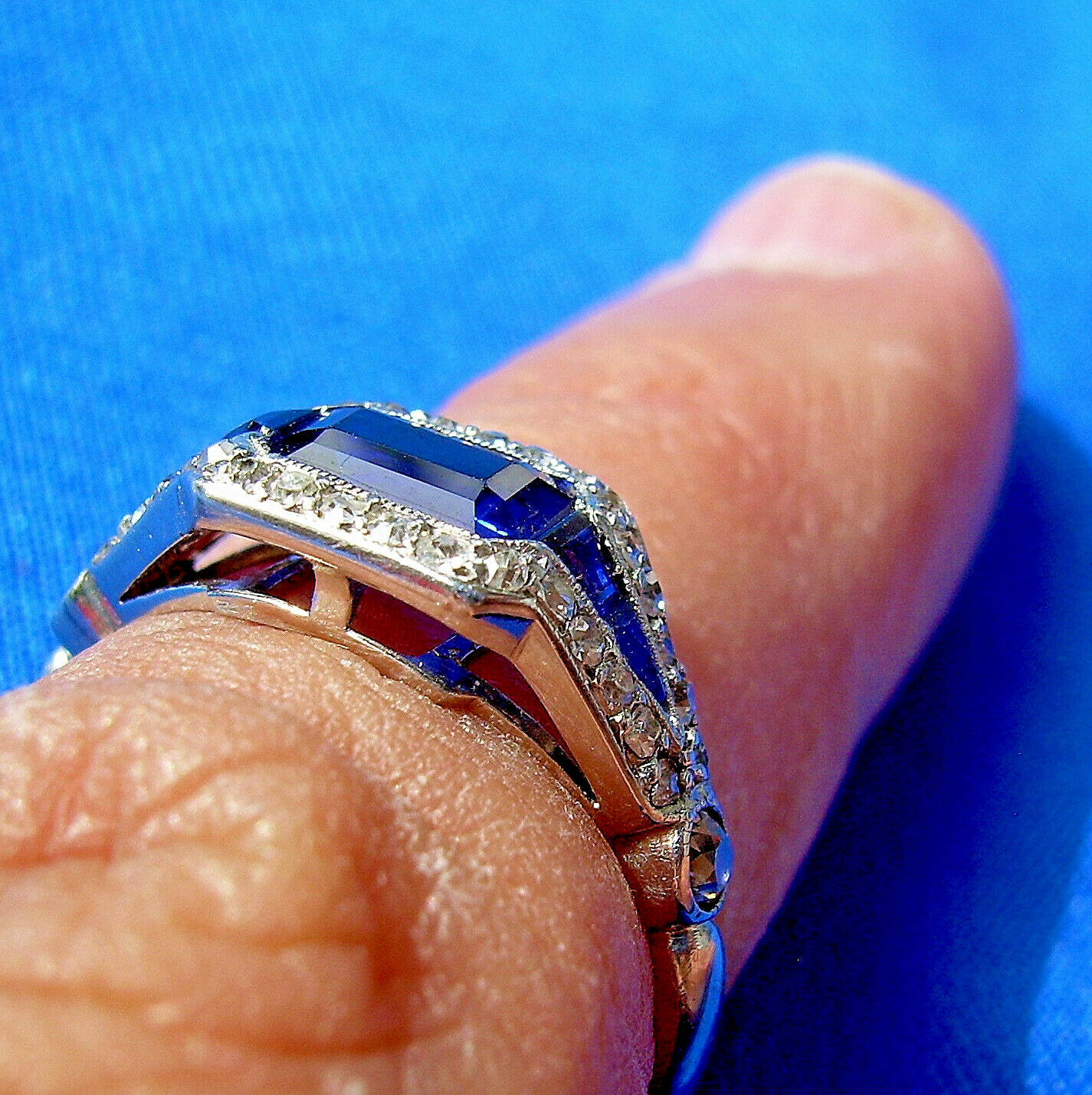Original EARTH MINED SAPPHIRE DIAMOND ART Deco SOLID PLATINUM Engagement RING 6