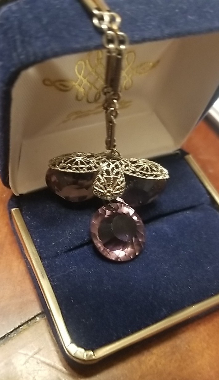 Art Deco Necklace, Purple Paste Glass, Silver & Brass Filigree, 18 Inch Chain