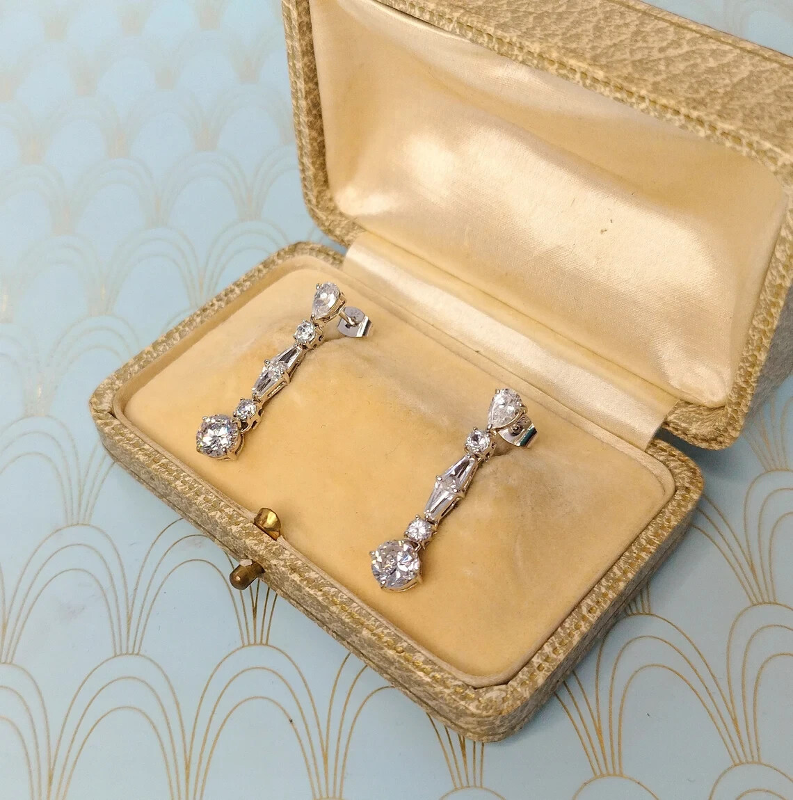Vintage Art Deco Style Lab-Created Diamond Dangle/Drop Earrings Solid 925 Silver