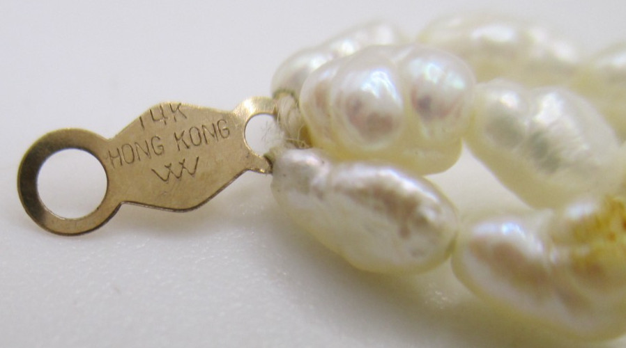14k yellow gold bead & clasp freshwater pearl & pink coral 7″ 3 strand bracelet