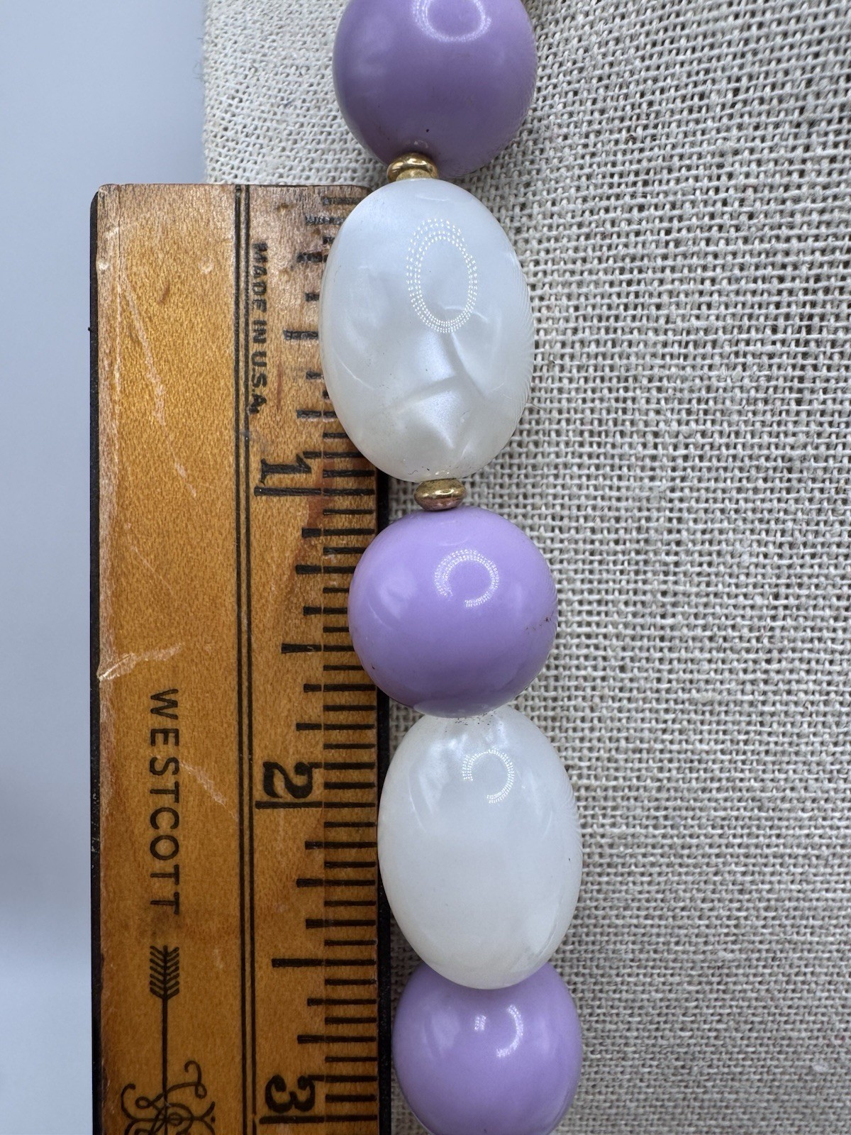 Vintage MONET Gold Tone Pearlized White & Purple Plastic Beaded Necklace 37”