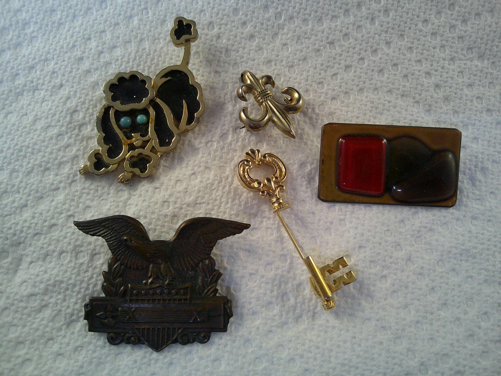 Vintage Unique Porcelain Pin, Poodle, Eagle, Key & Other Pins