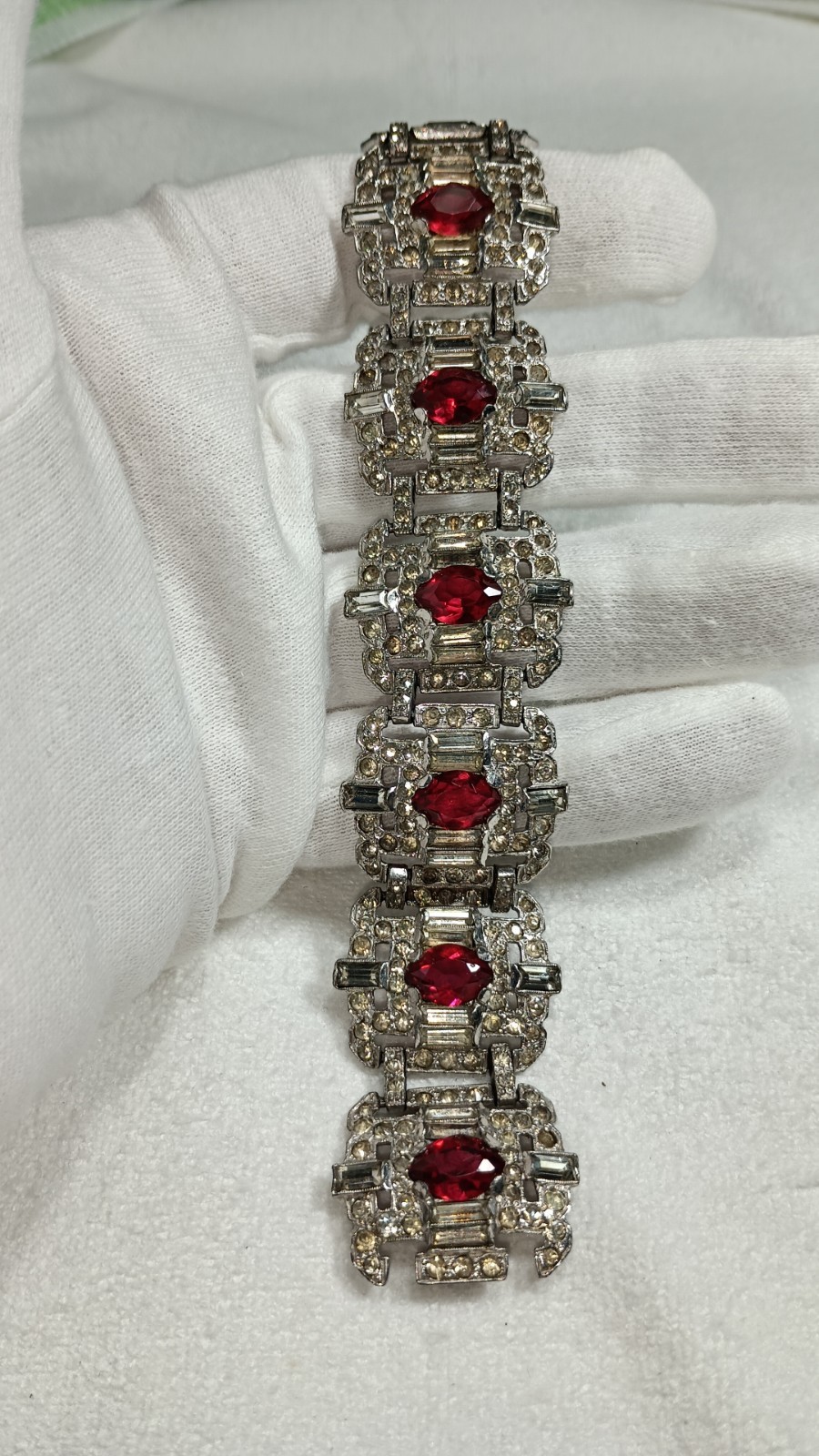 Art Deco Trifari Unsigned KTF Silver Tone Clear And Ruby Red Panel Bracelet 7 In
