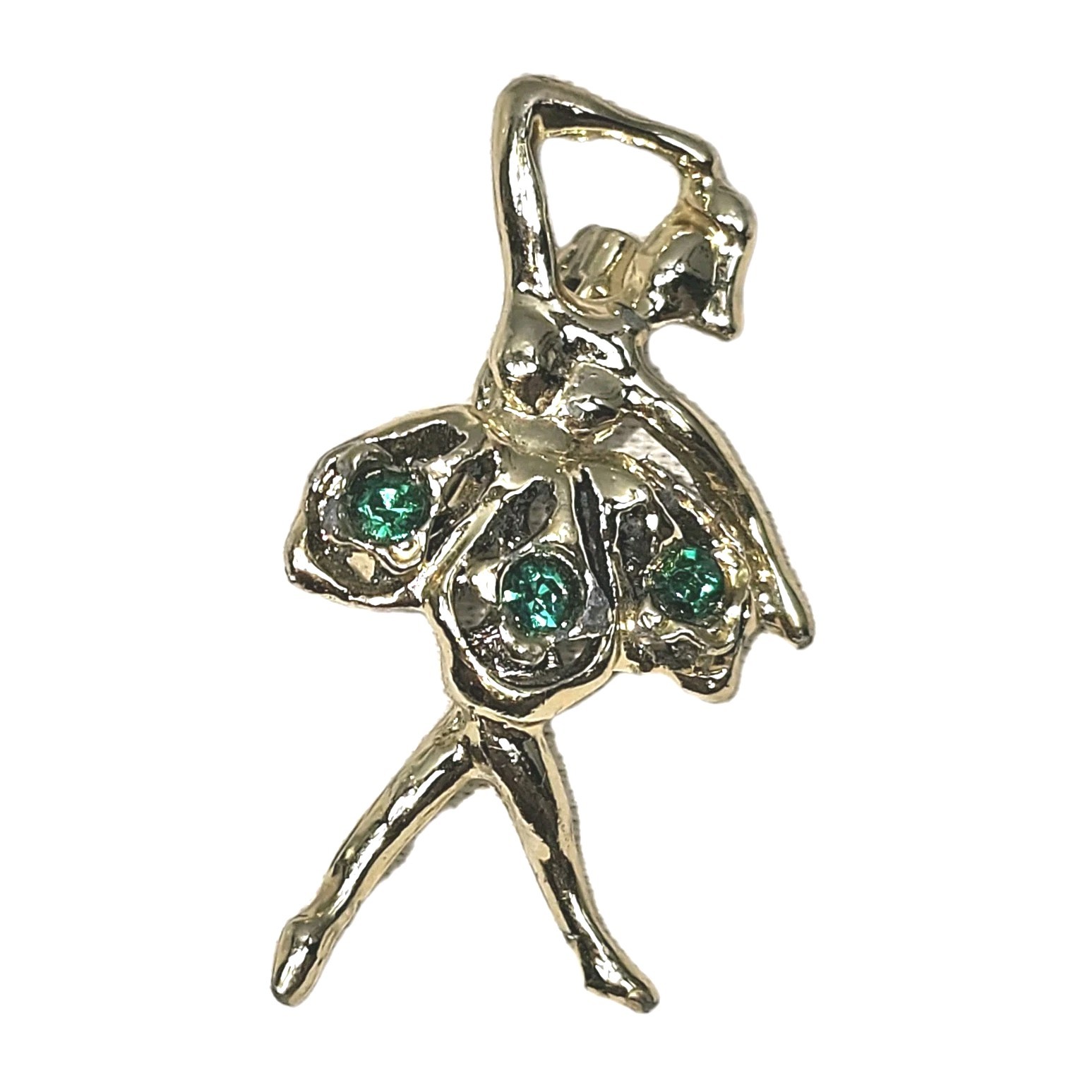 Vintage Gold Tone Green Rhinestone Ballerina Brooch 1 5/8″ Length