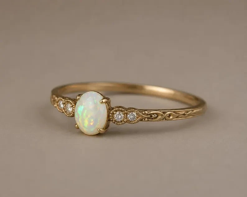 Natural Ethiopian Opal Ring Vintage Dainty Ring 925 Sterling Silver Gift