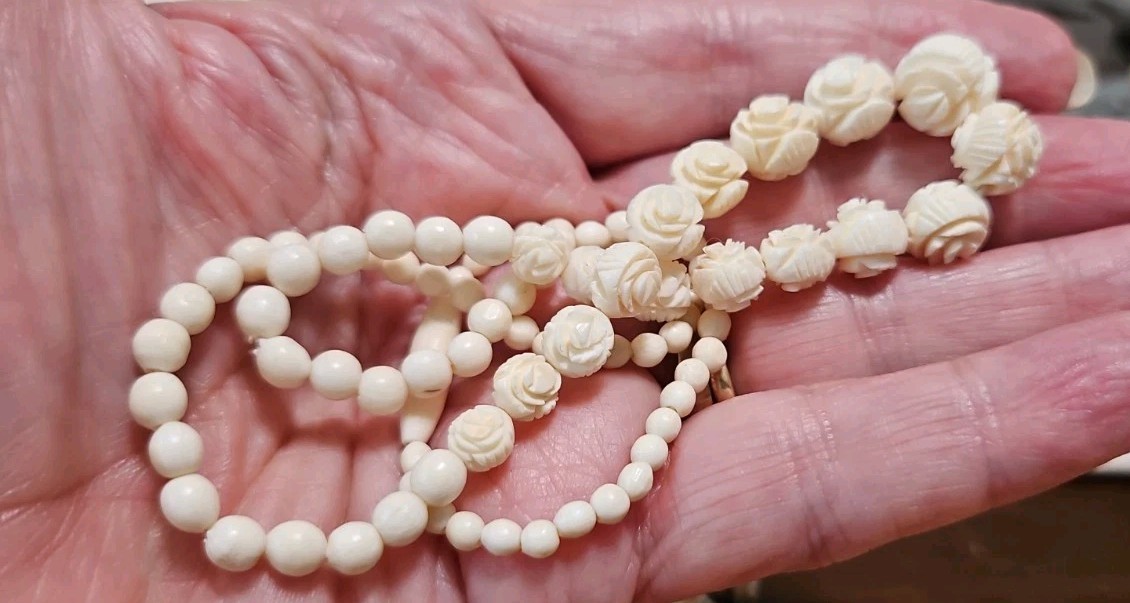 Vtg LOT Graduated Carved Rose Bead Elephant Necklaces Krememtz Rose Brooch ERs +