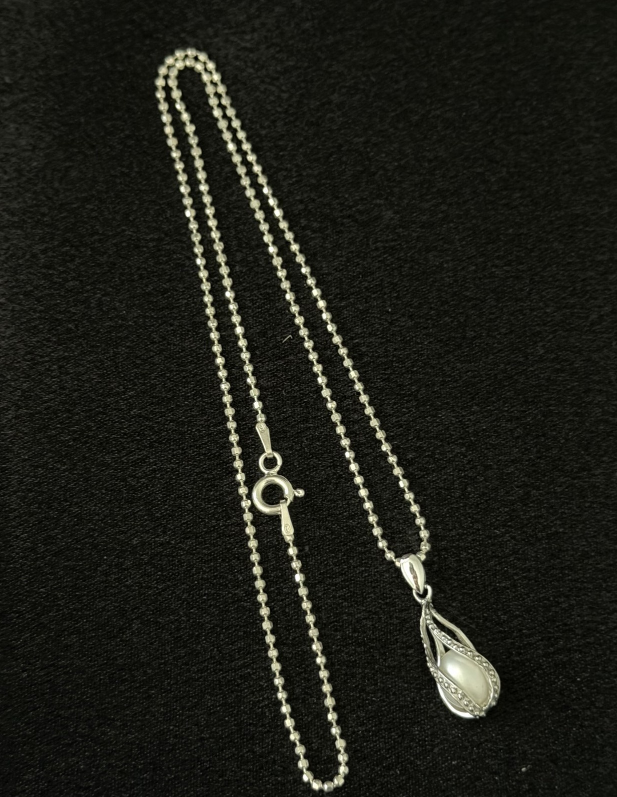 925 Sterling Silver Genuine Caged Pearl Bead Ball Chain Necklace 16″