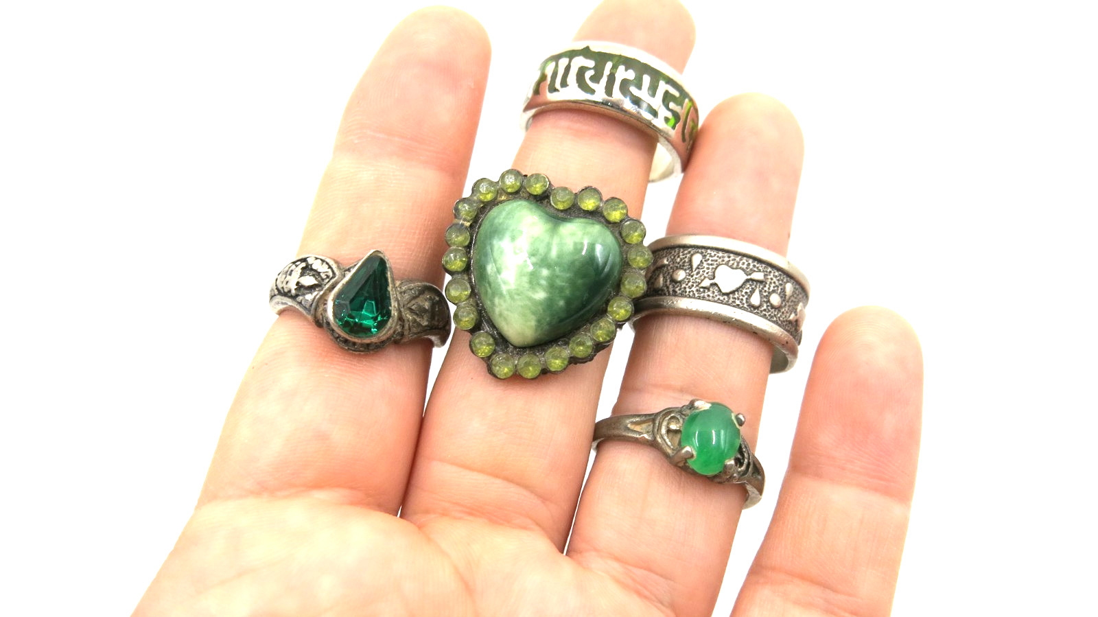 VTG Jewelry Set Lot 20pcs Pendant Brooch bracelet Cufflinks Ring Green gemstones