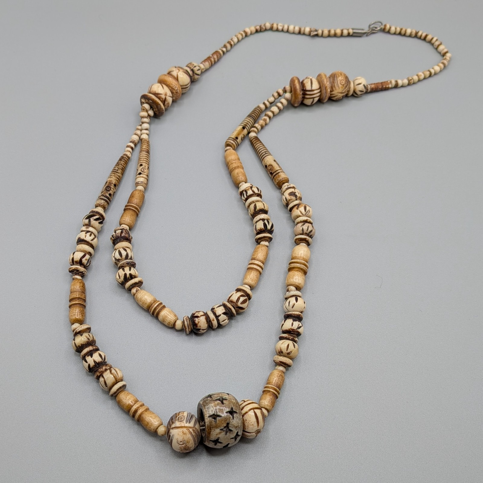 Vtg African Tribal Bovine Bone Chunky Double Strand Layer Statement Necklace 32″