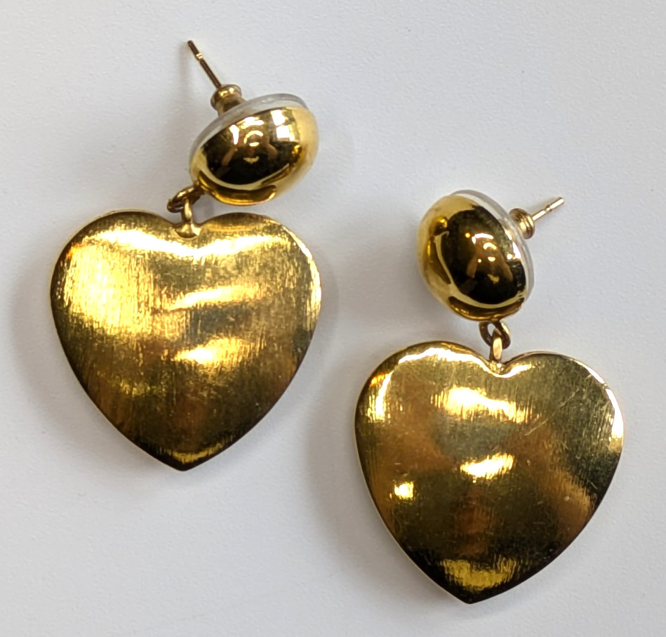 VTG Hollow Gold Tone Puffy Heart 1 5/8″ Drop Pierced Earrings Whimsical