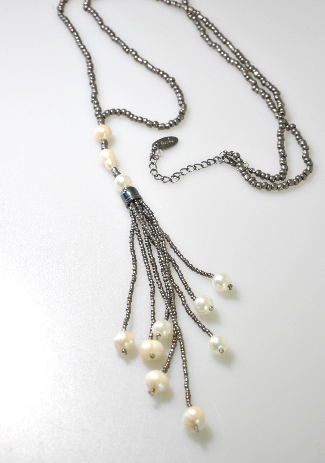 Jules B signed Trendy long faux pearl bead dangle drop tassel Necklace BD7