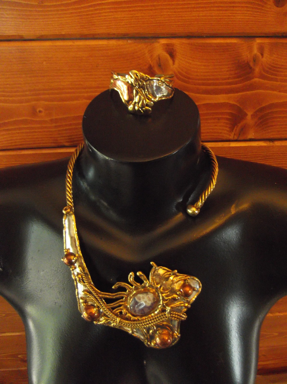 Vintage Brutalist Modernist Mixed Metals Collar Statement Necklace & Bracelet