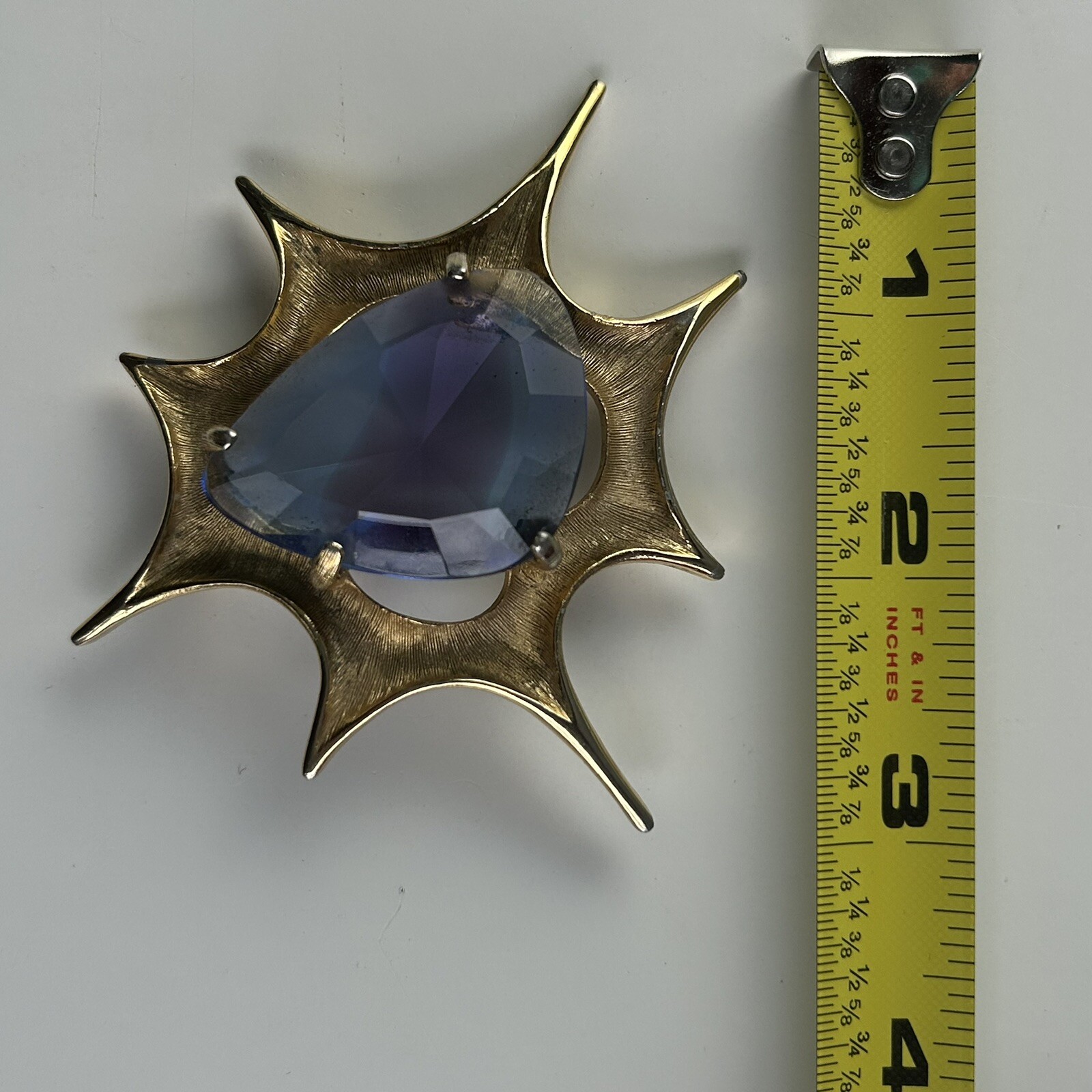 Atomic Blast Brooch Pin Signed BSK Gold Tone Blue Stone Starburst Vintage MCM