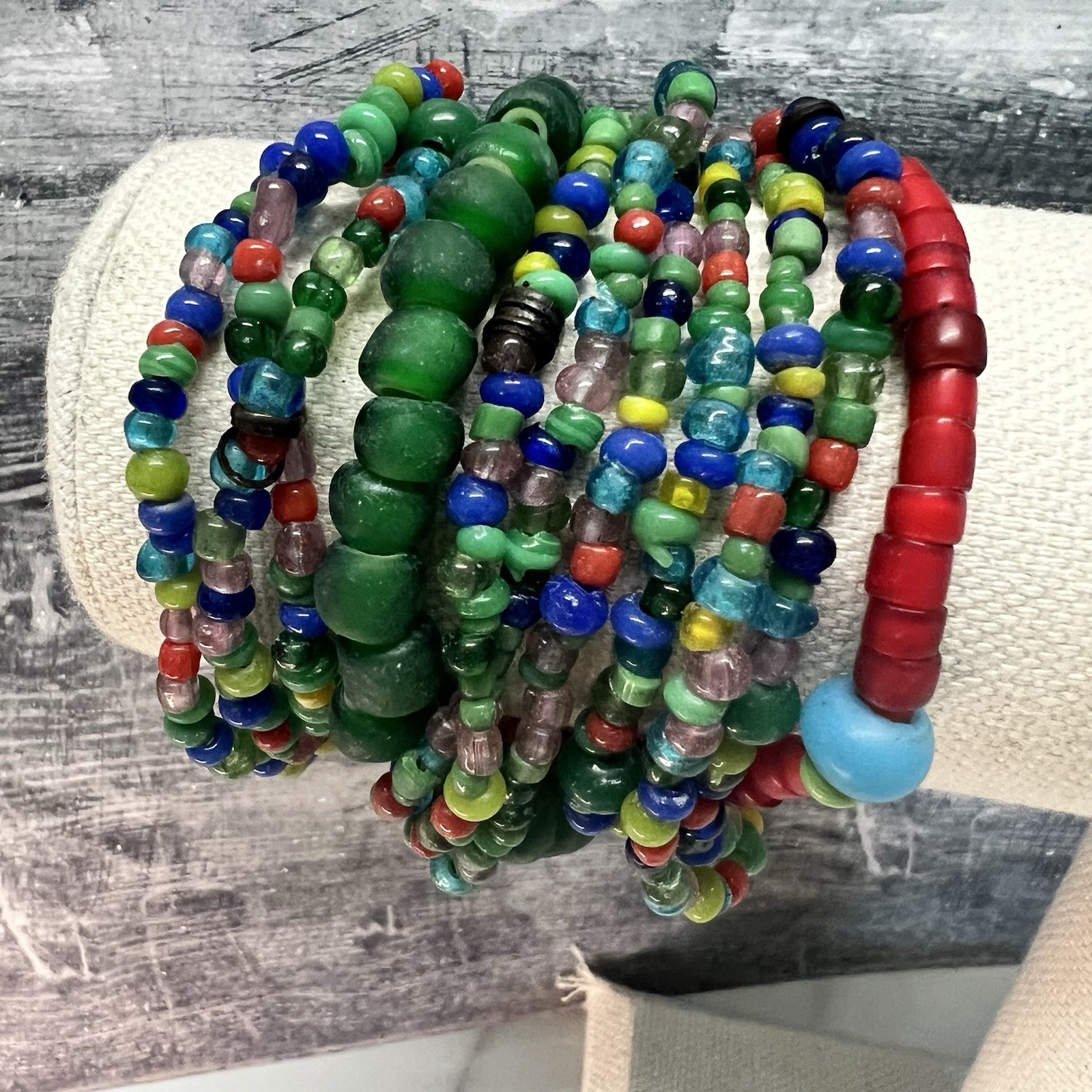 T. FOREE African Trade Multi Strand Glass Beaded Bracelet Sterling Silver 7.5″