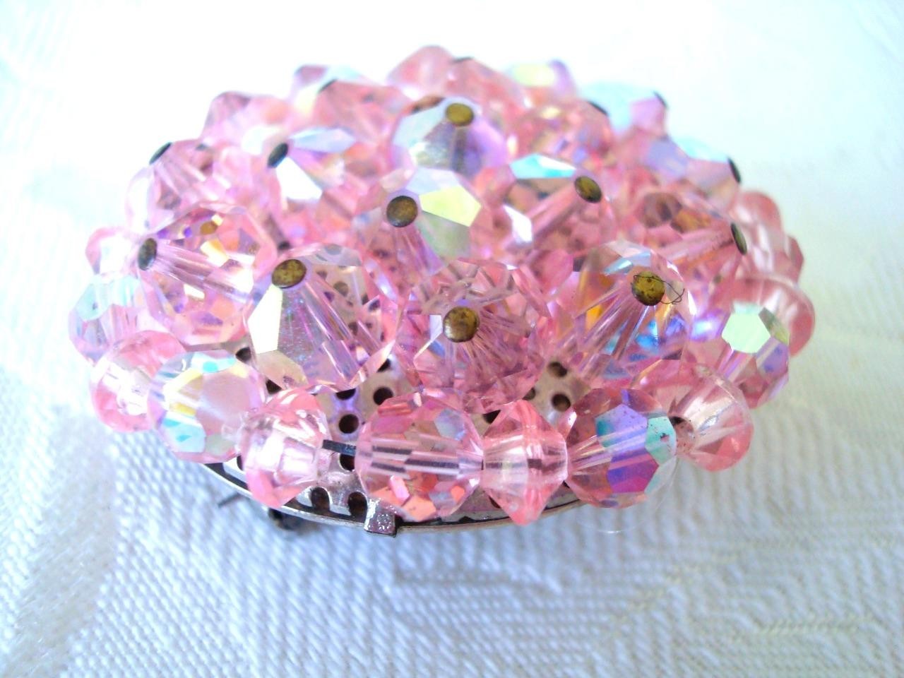 Vintage Beaded Cluster Brooch With Pink Crystal Glass & Plastic Beads KJ