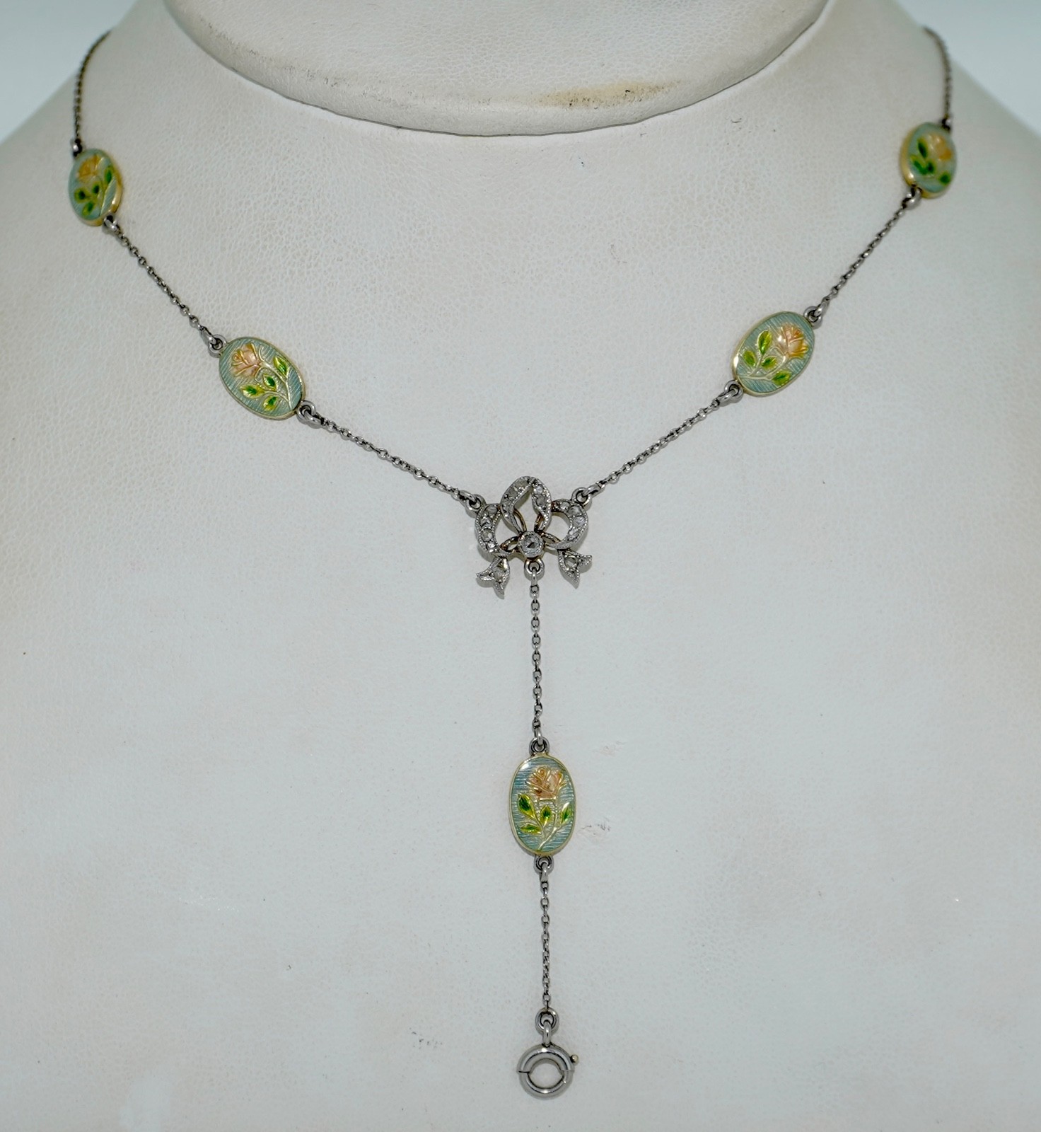 Spectacular 14K White Gold Platinum Enamel & Rose Cut Diamond Chain