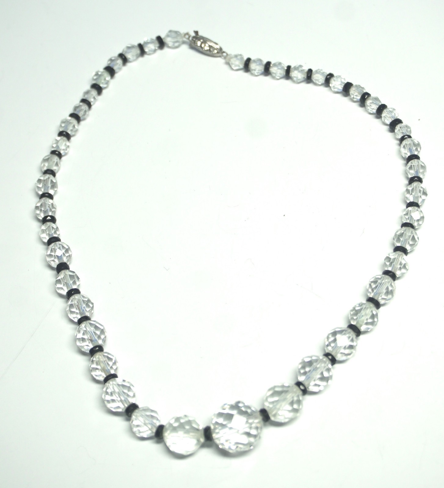VTG Disco Ball Faceted Crystal Bead Necklace w/Black Spacers & Rhinestone Clasp