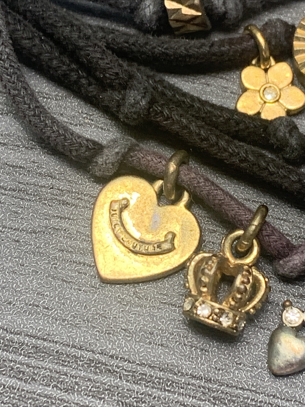 Vintage Juicy Couture Charm Pearl Bracelet Black Cotton, Multi Strand 6.5-7.5”