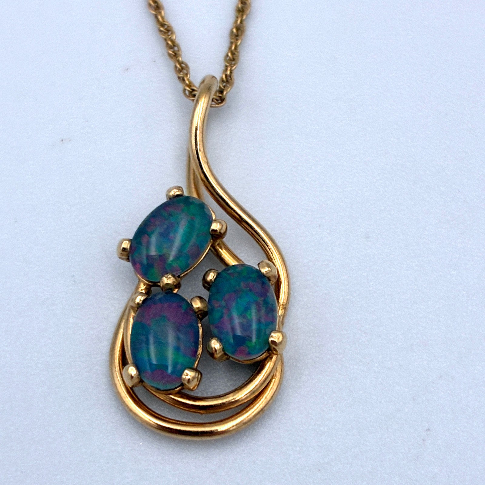 Vintage Opal Triplet Necklace Pendant w/ Gold Filled Chain 17″