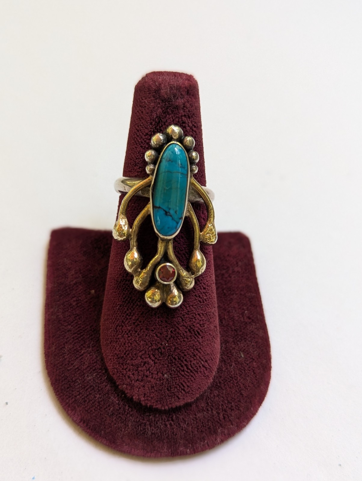 Vintage Turquoise Garnet Ring: 90s Sterling Silver 18K Vermeil Multiple Sizes