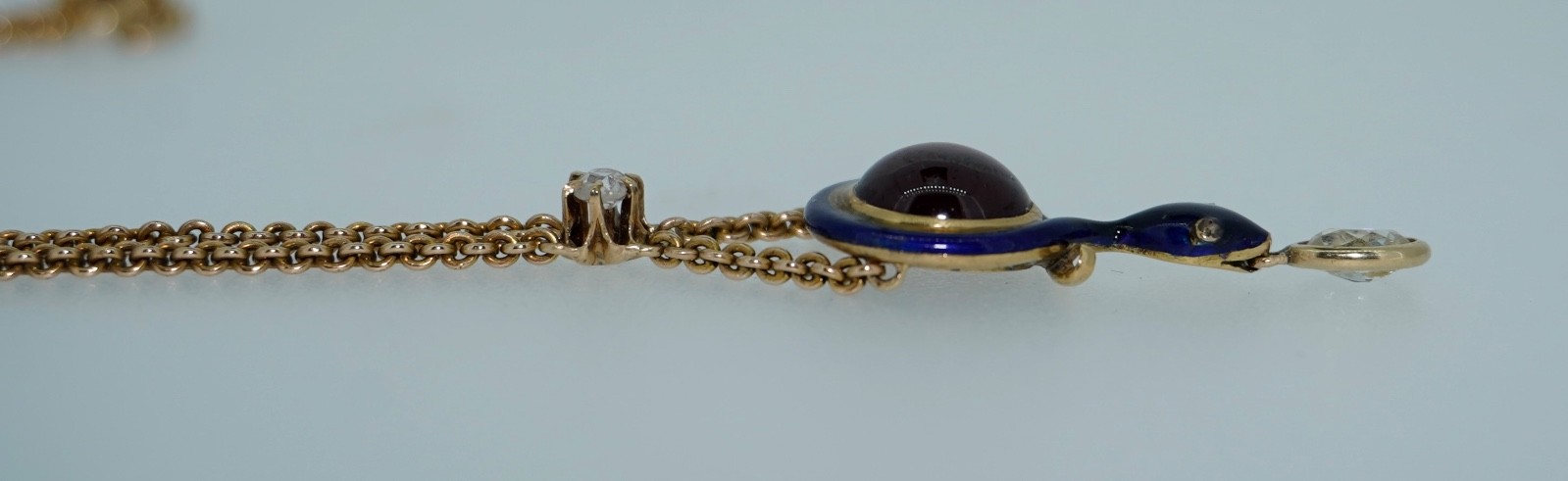 Antique 14K Enamel Snake With Diamonds & Garnet Necklace