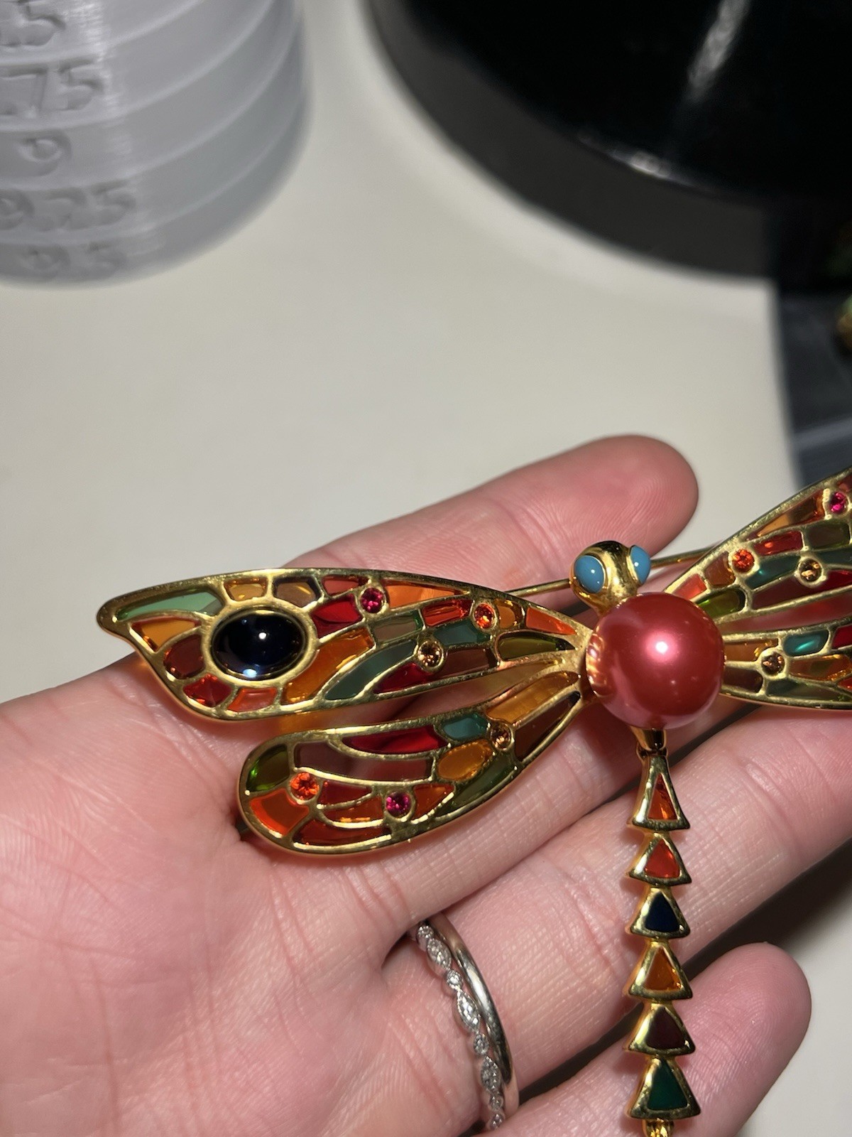 VTG Joan Rivers Stained Glass Crystal Plique-a-Jour Dragonfly Brooch Pin