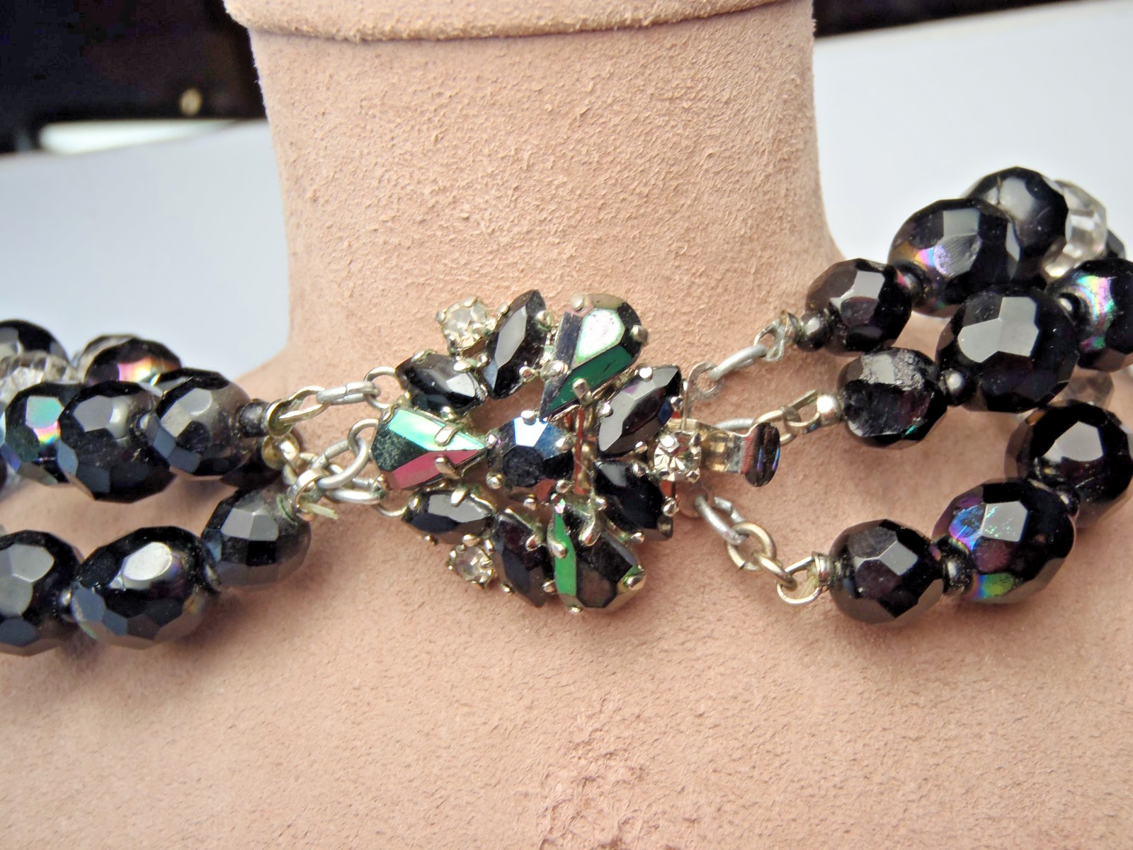 Estate Iridescent Black and Clear Faceted Glass Triple-Strand Necklace