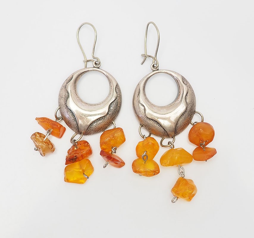 Vintage handmade traditional melchior and Baltic amber dangle earrings