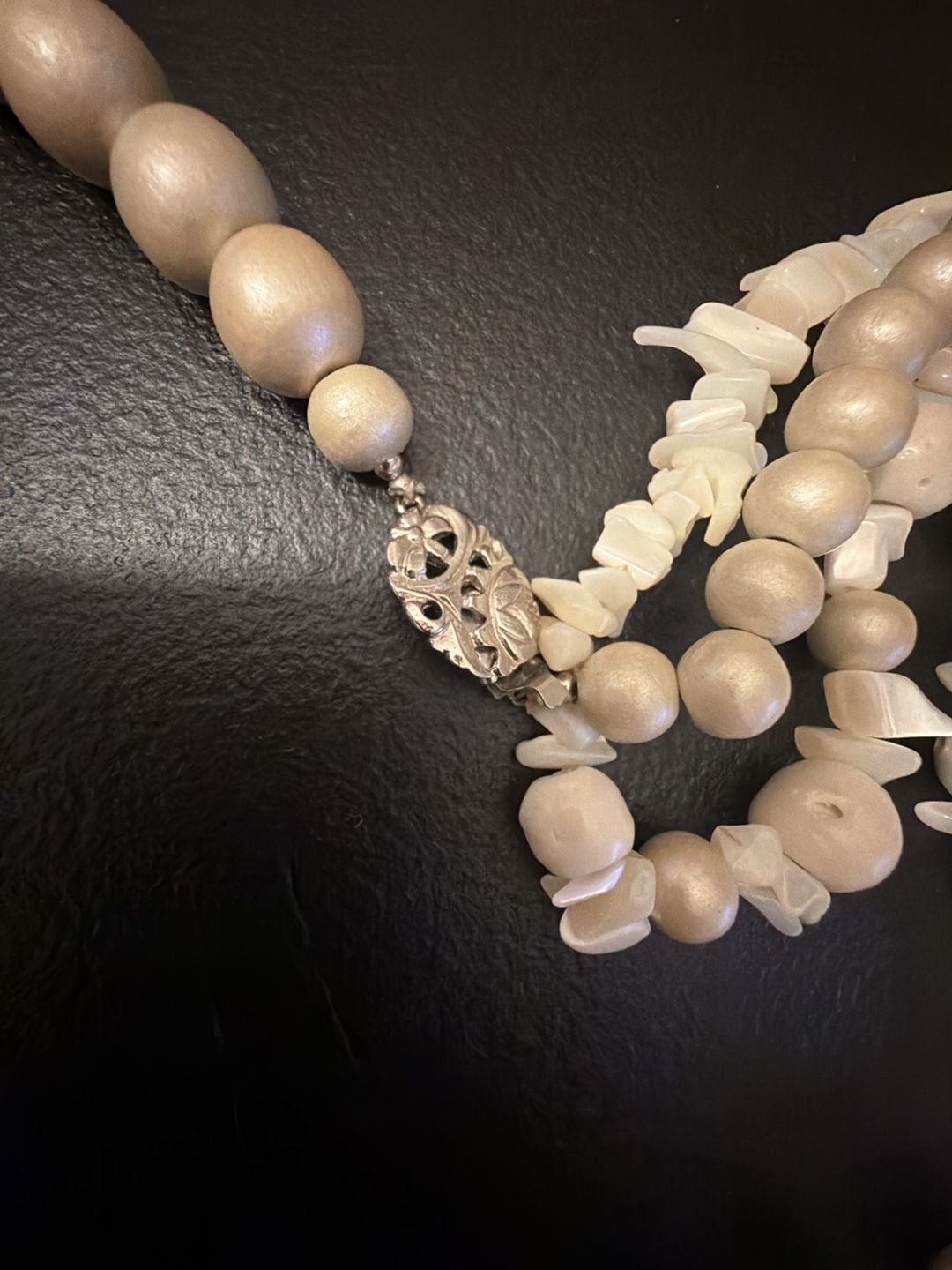 Vintage Multi-Strand Statement Necklace with Shell Chips and Carved Wood Beads