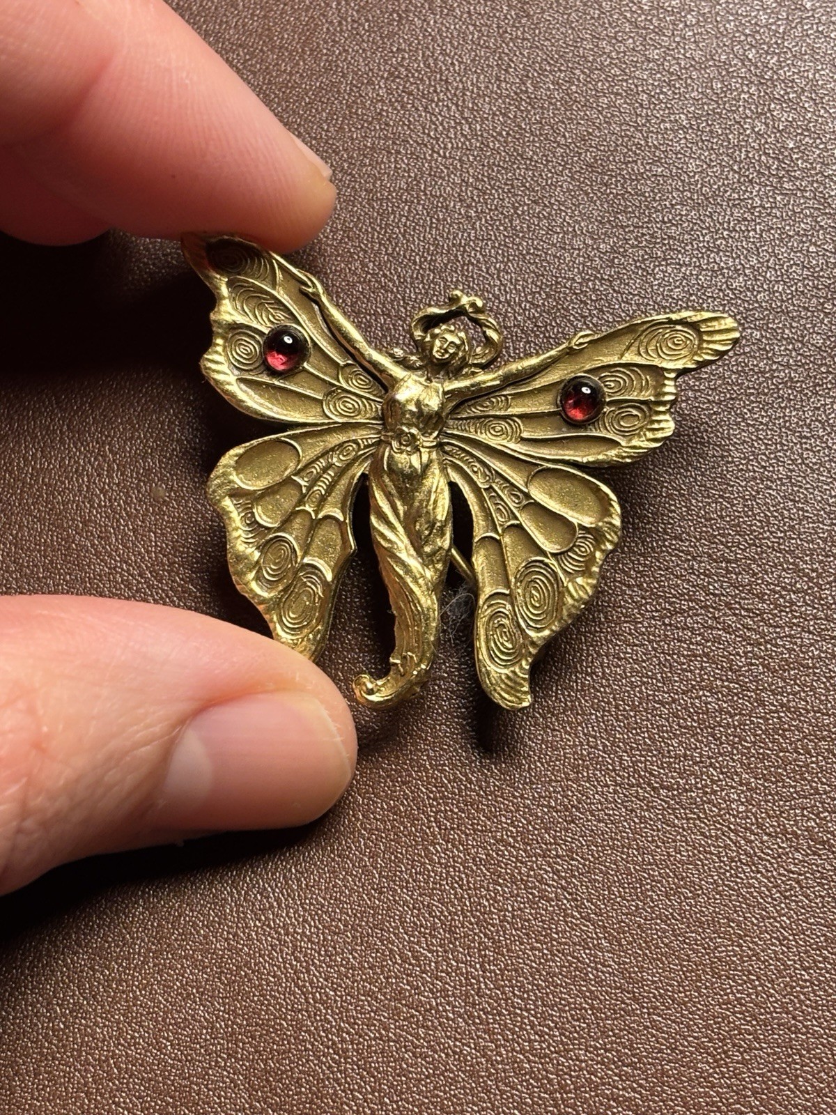 Newark Museum Reproduction Woman Butterfly Brooch Pin Gold Tone Garnet Whiteside