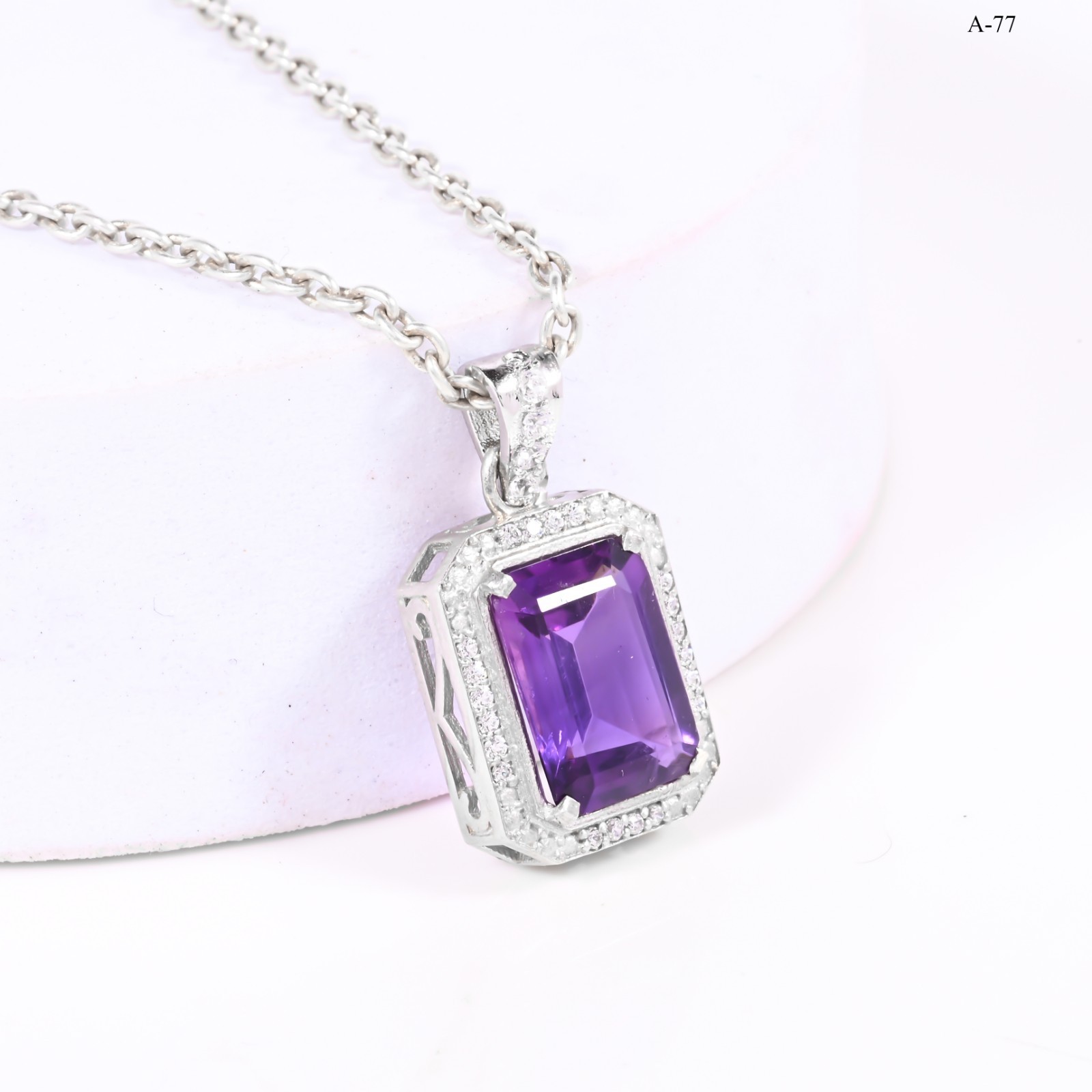 Natural Amethyst 925 Sterling Silver Pendant Emerald Cut Halo Purple Jewelry