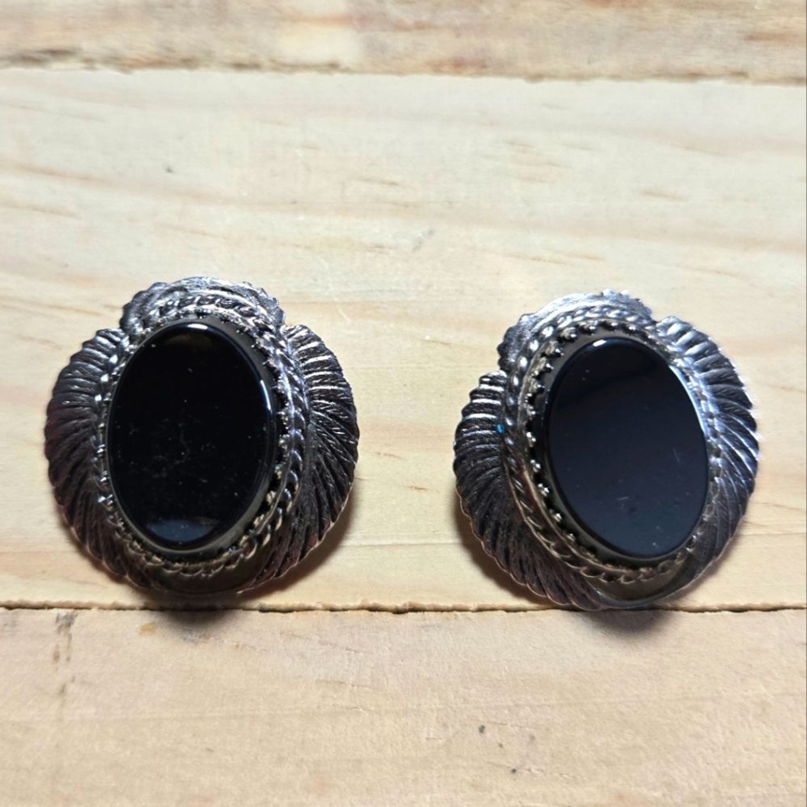 Whiting & Davis Silver Tone and Hematite Clipon Earrings with Intricate Design