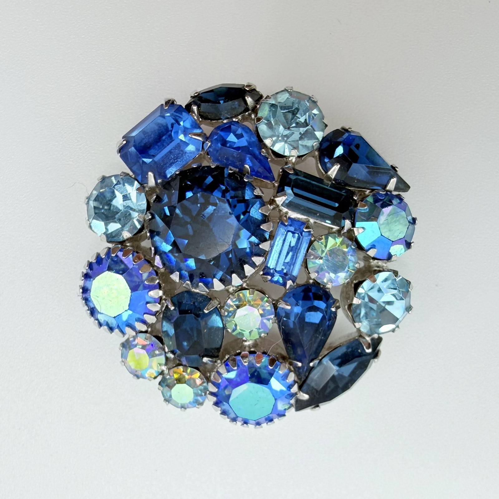 Signed Weiss Blue Aurora Borealis Rhinestones Brooch Pin Embellished Prong Set