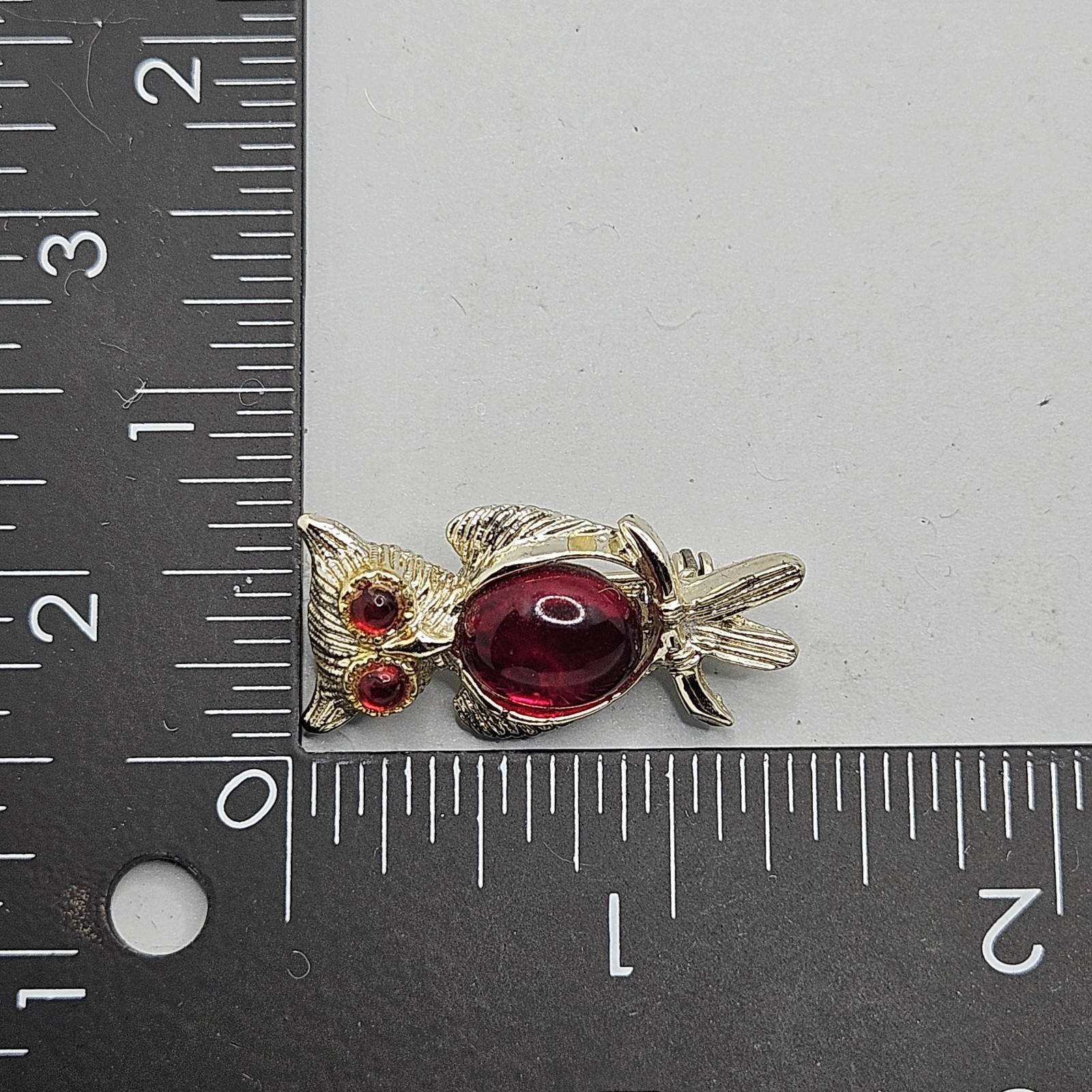 Vintage Owl Brooch Jelly Belly Red Rhinestone Eye MCM Jewelry Gold Tone Pin